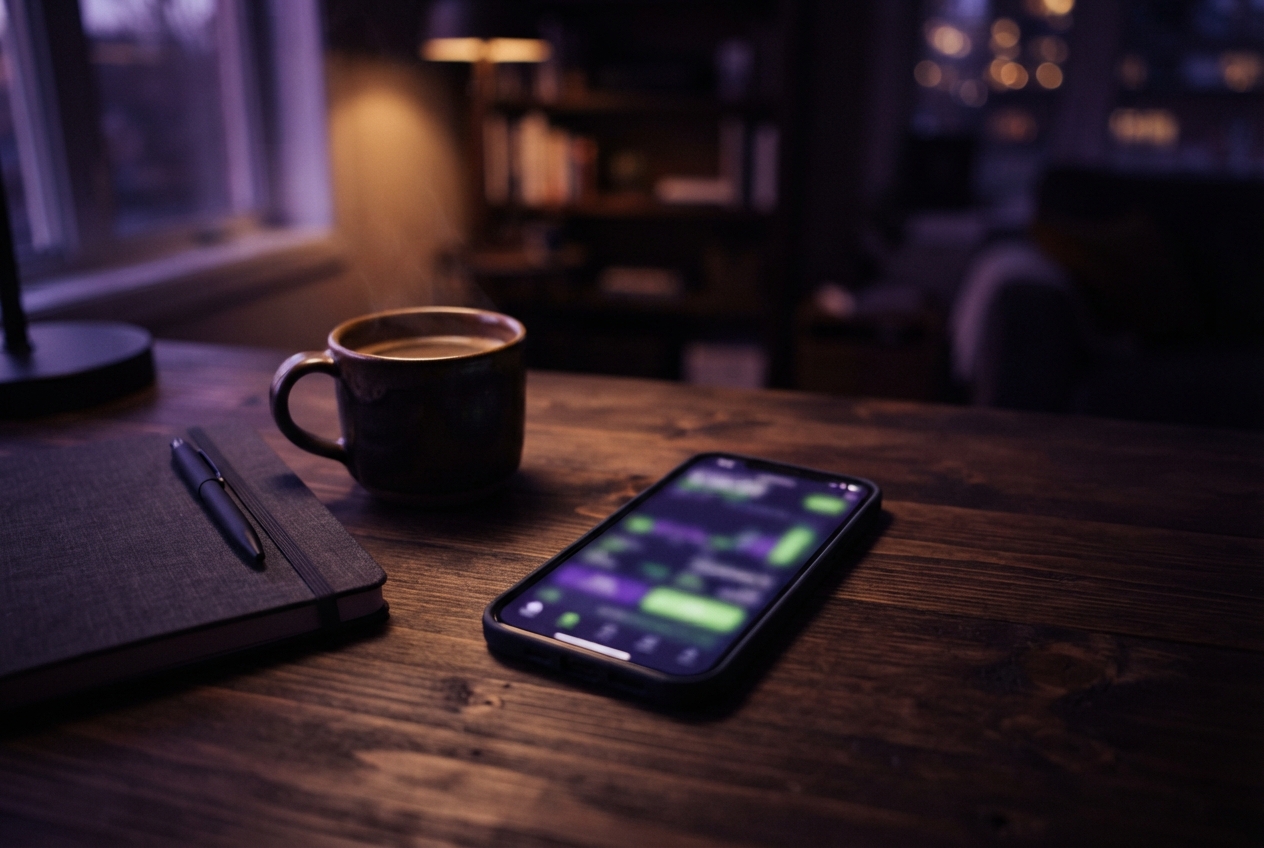 Steaming coffee, notebook with pen, and blurred smartphone on a warmly lit wooden table.