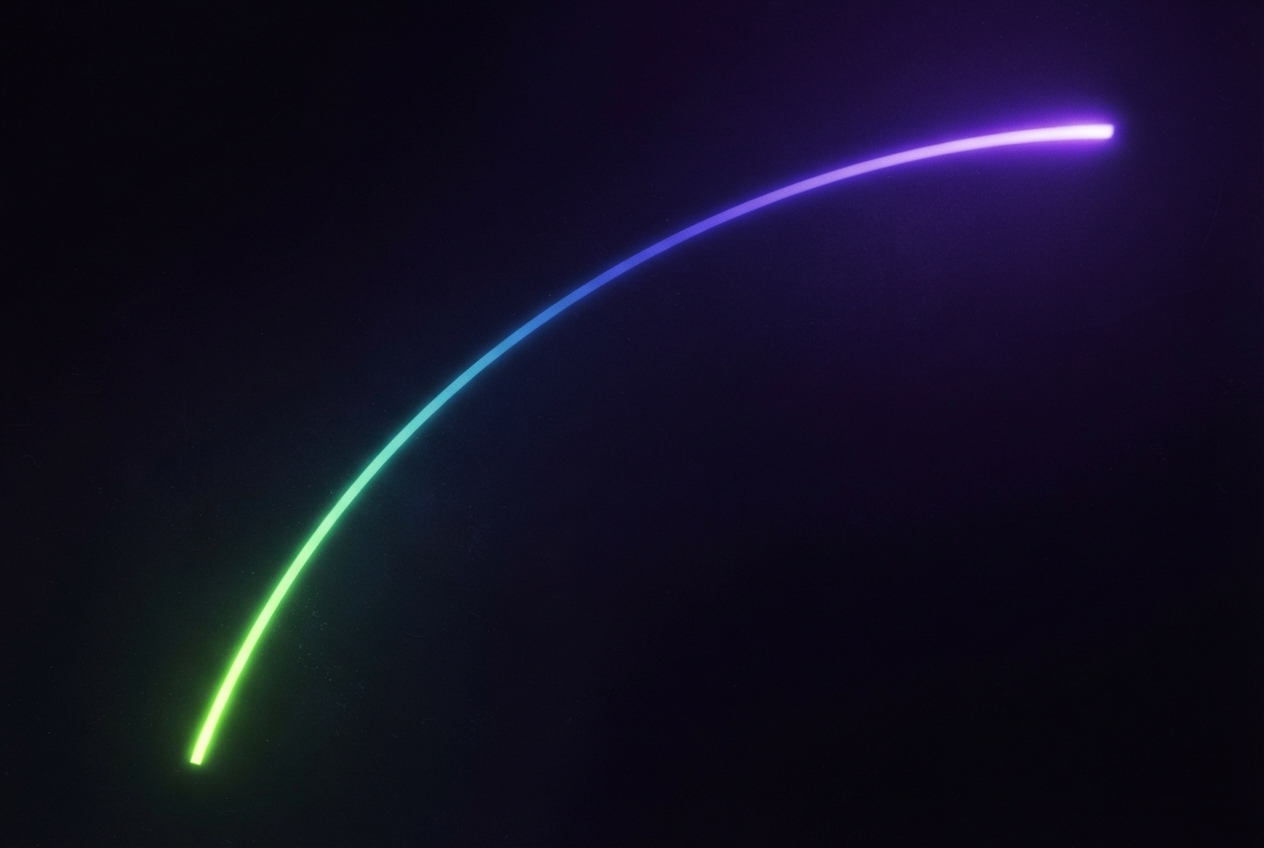 A glowing multicolored arc curves from the lower left to the upper right against a dark purple-black background.