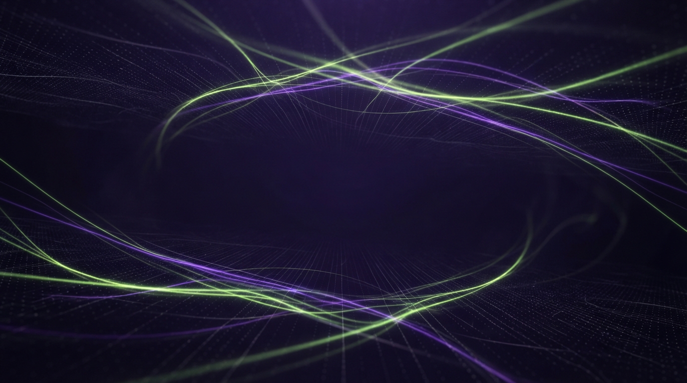 Abstract dark digital field with glowing green and purple curved light trails over a dotted grid.