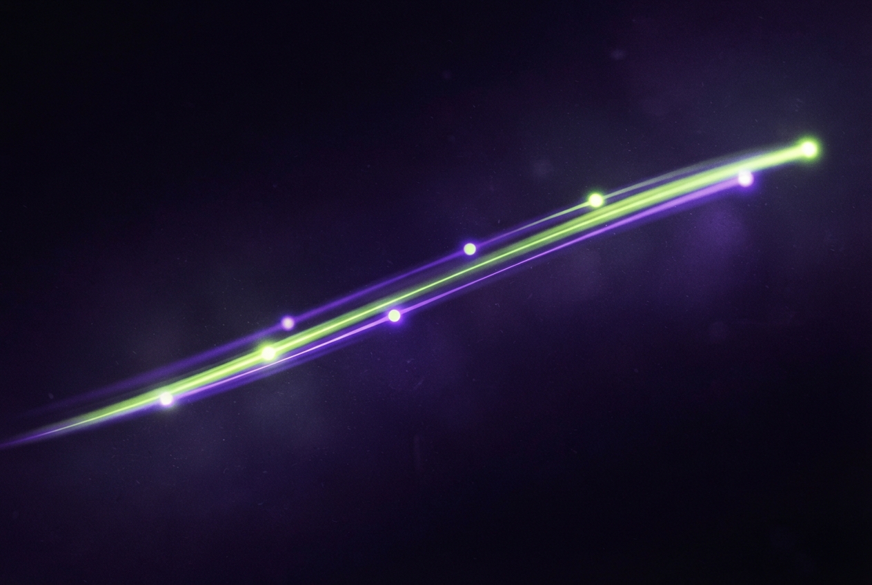 Glowing green and purple lines with bright points sweep diagonally across a dark purple background.